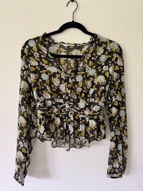 Zara Black Sheer Floral Peplum Blouse with Green & Cream Blooms